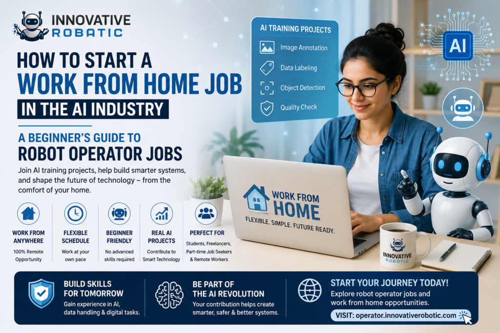Beginner working remotely on AI training projects as a robot operator using a laptop from home in a modern work environment.